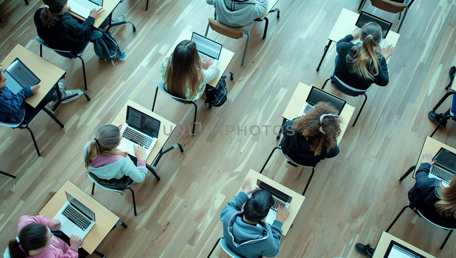 Students using laptops in classroom with wooden desks by richwolf