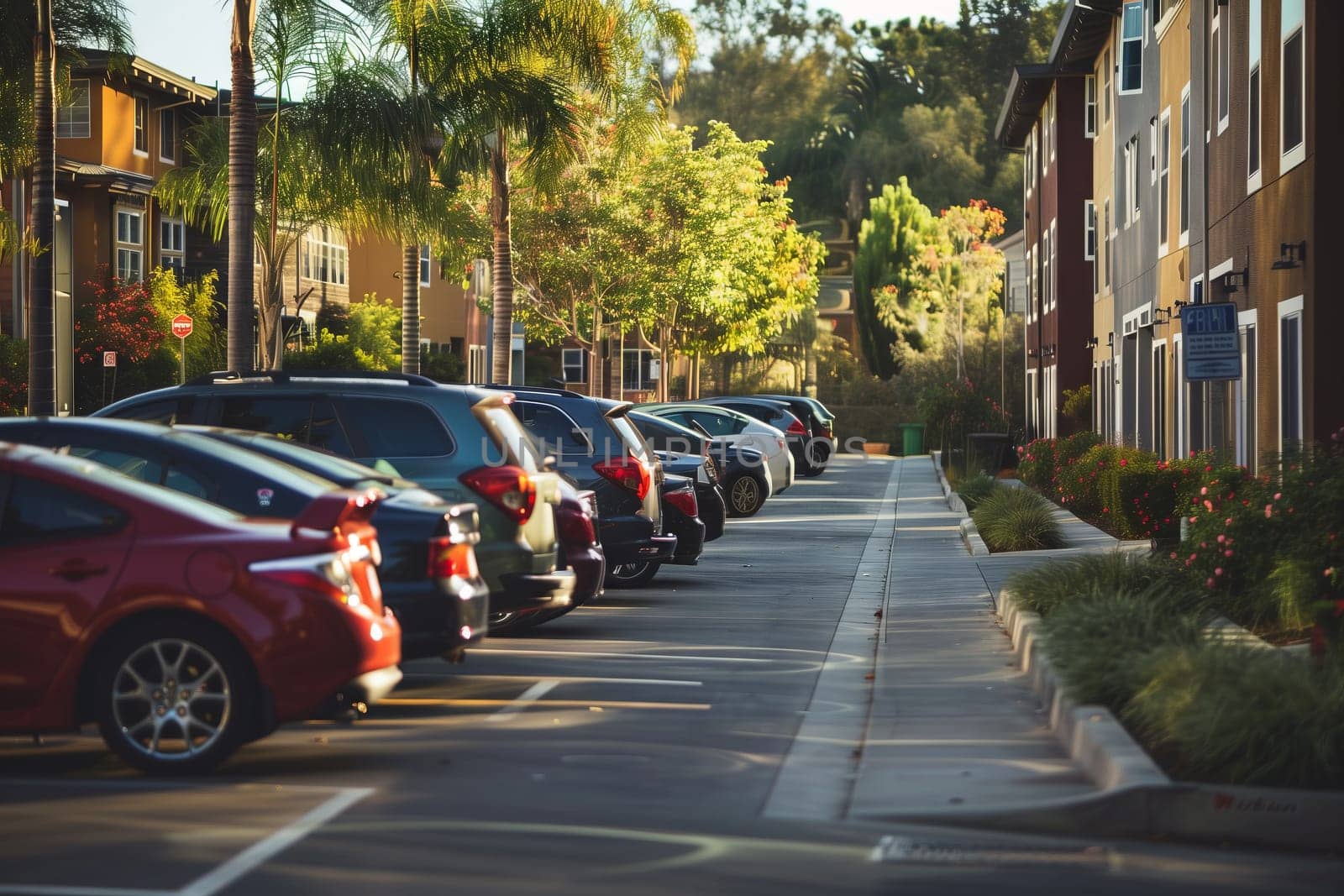 Several vehicles are parked in a lot beside a building, with their wheels on the asphalt. Trees and plants add a green touch to the scene