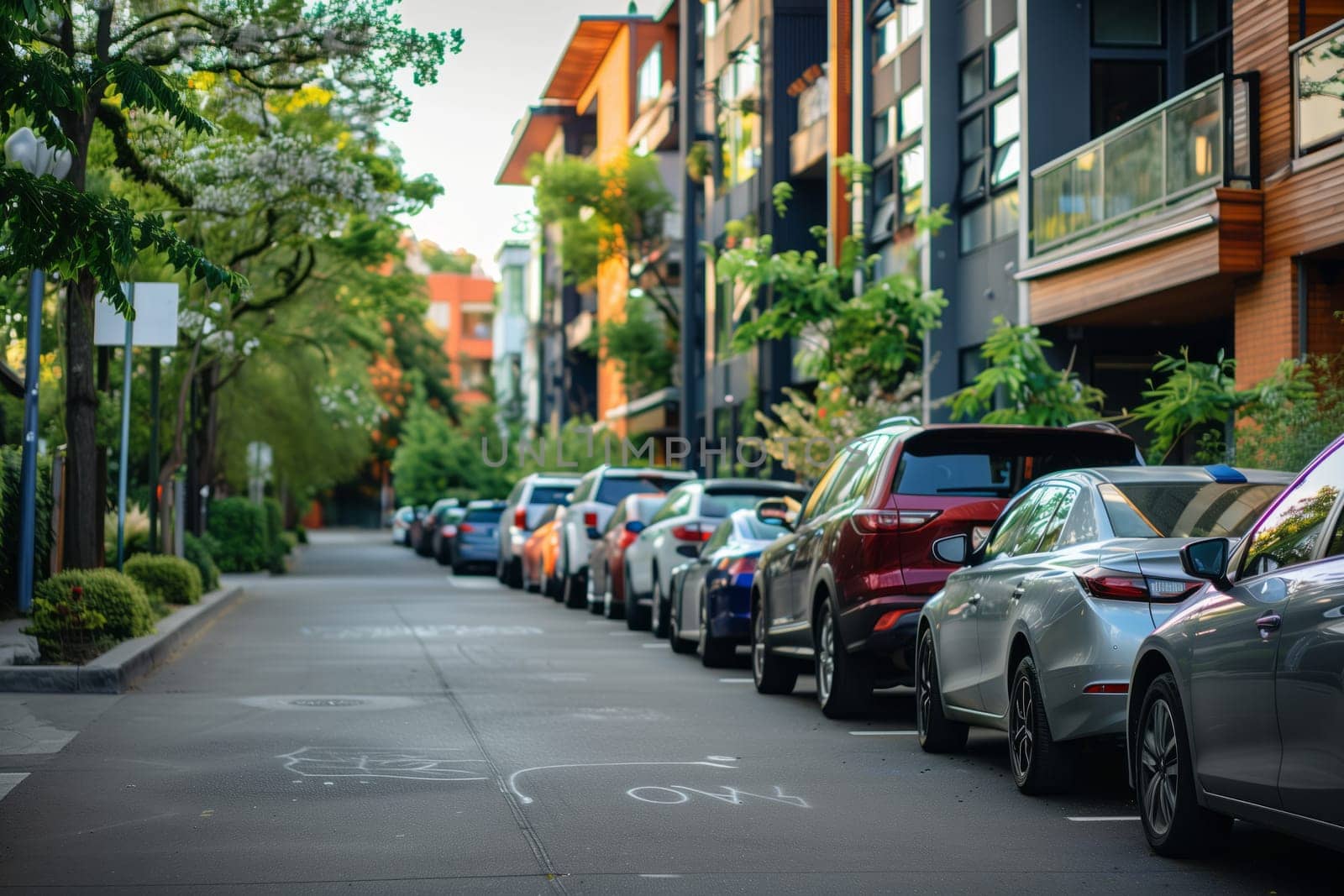A row of vehicles is parked along the city street, with cars lined up next to the sidewalk. Buildings, plants, and trees line the other side of the road