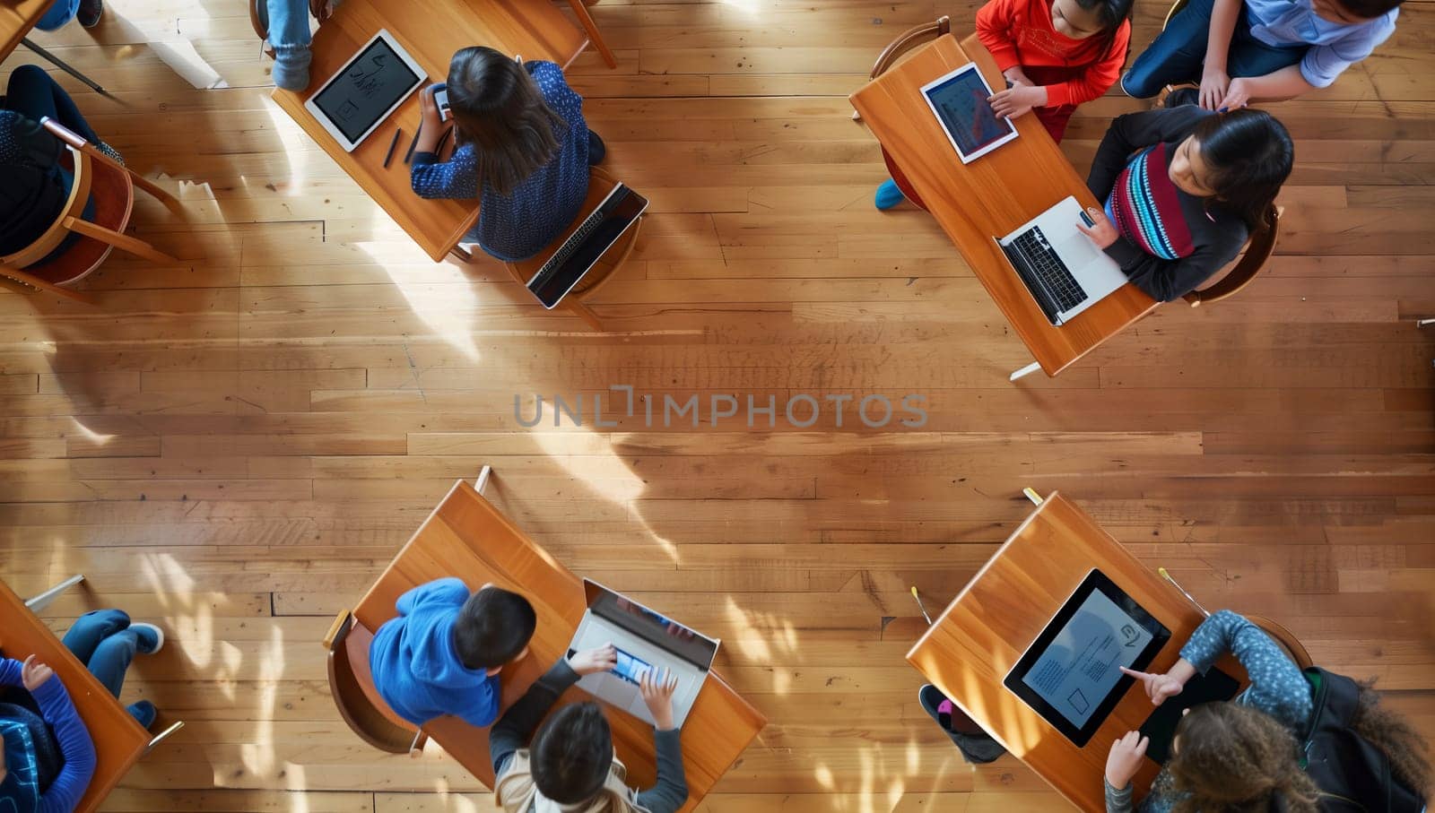 Individuals seated at desks in a classroom are utilizing laptops and tablets. The room features wooden flooring made of hardwood and stained with varnish