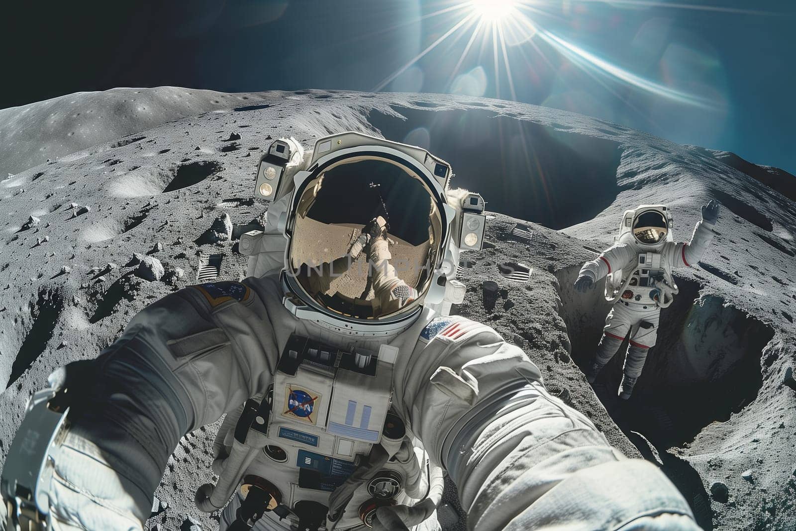 An astronaut in personal protective equipment is taking a selfie on the moons barren landscape, surrounded by darkness and the vastness of space