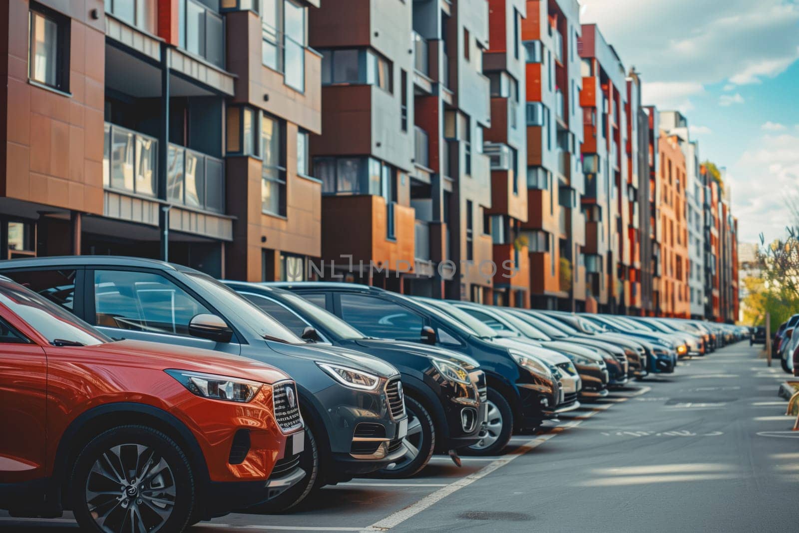 A line of cars with their tires on the ground and wheels parked in front of a building, under the sky. The cars have headlights, hoods, and windows visible