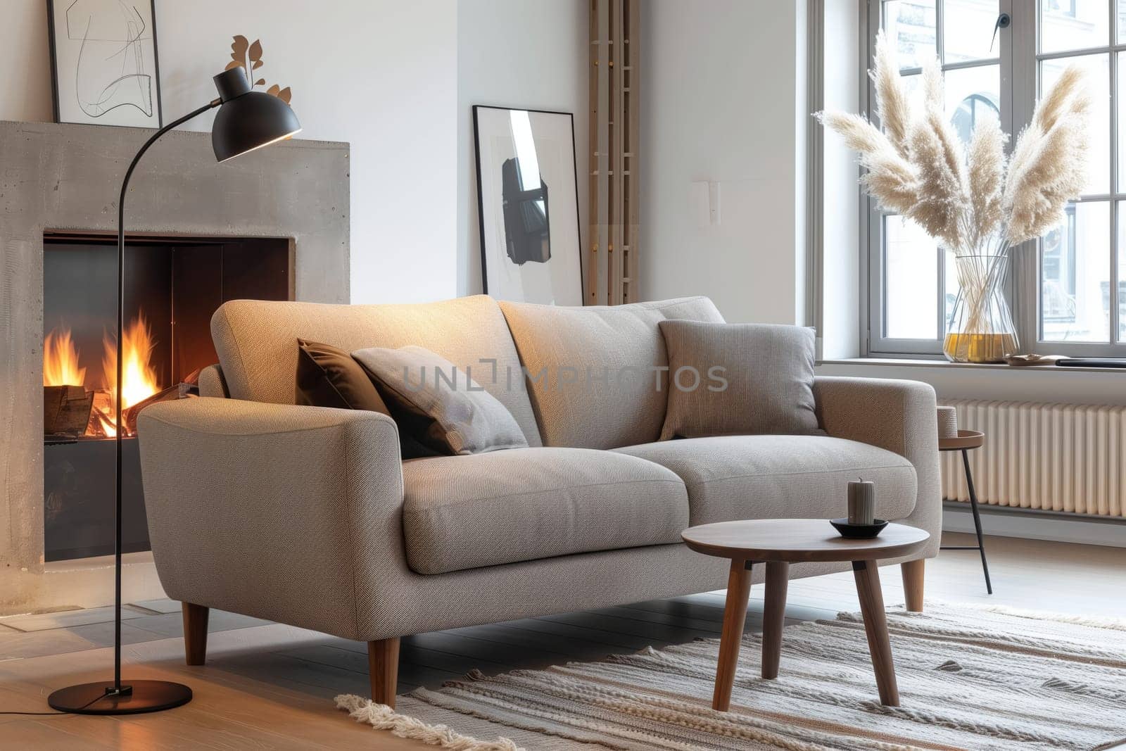 An inviting living room with a cozy couch, elegant table, stylish lamp, and warming fireplace. The furniture, with wood flooring, enhances the interior design of the rectangular space