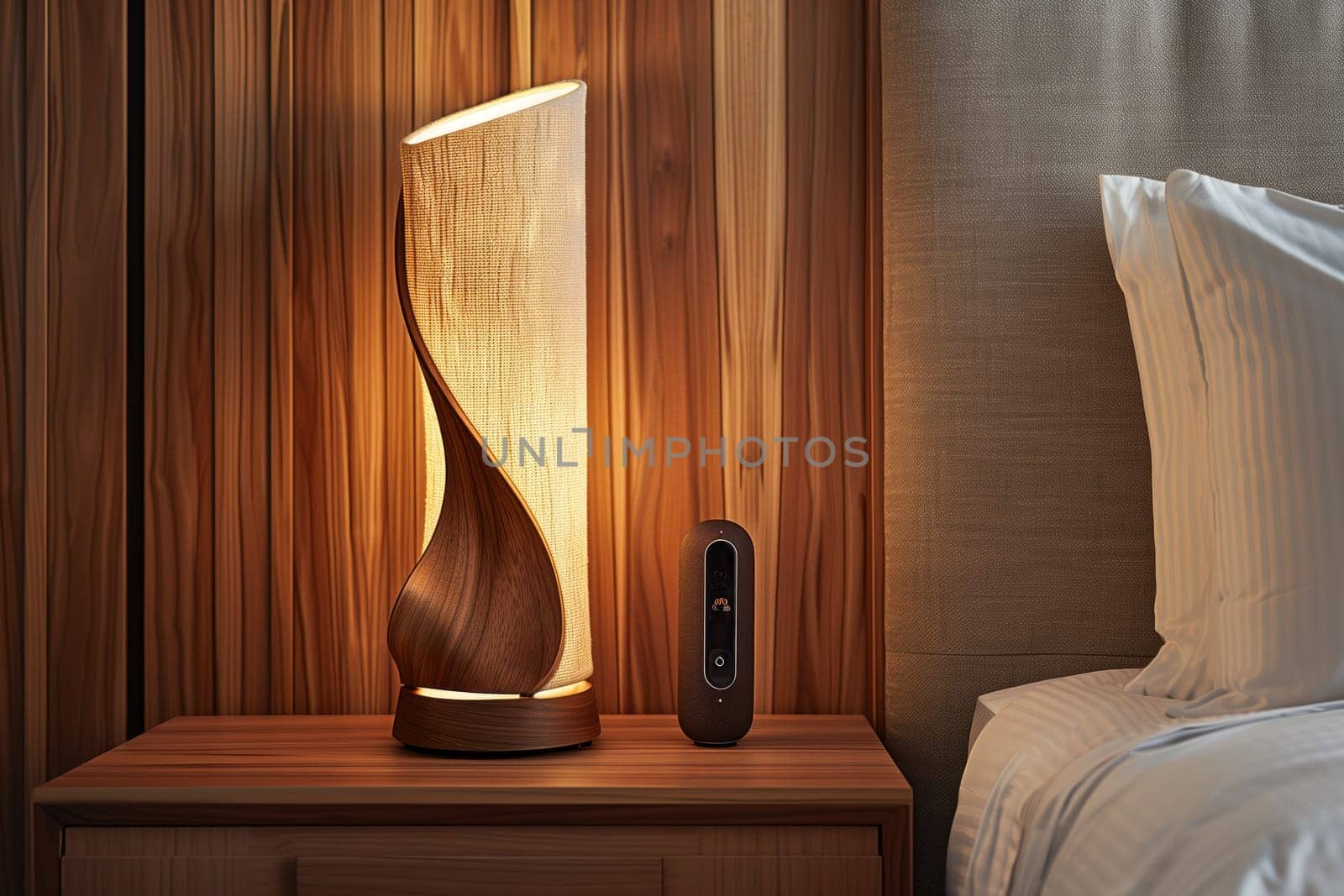 A lamp sits on a nightstand made of hardwood next to a bed in a cozy bedroom. The wood stain matches the floor, creating a comforting ambiance by the window