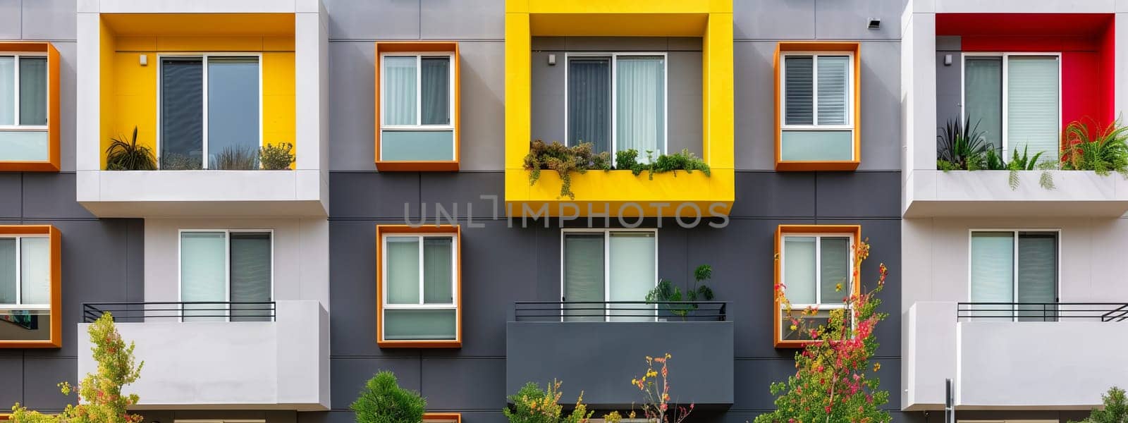 A row of apartment buildings with colorful balconies and windows on each floor, set against a backdrop of green grass and plants in a residential area