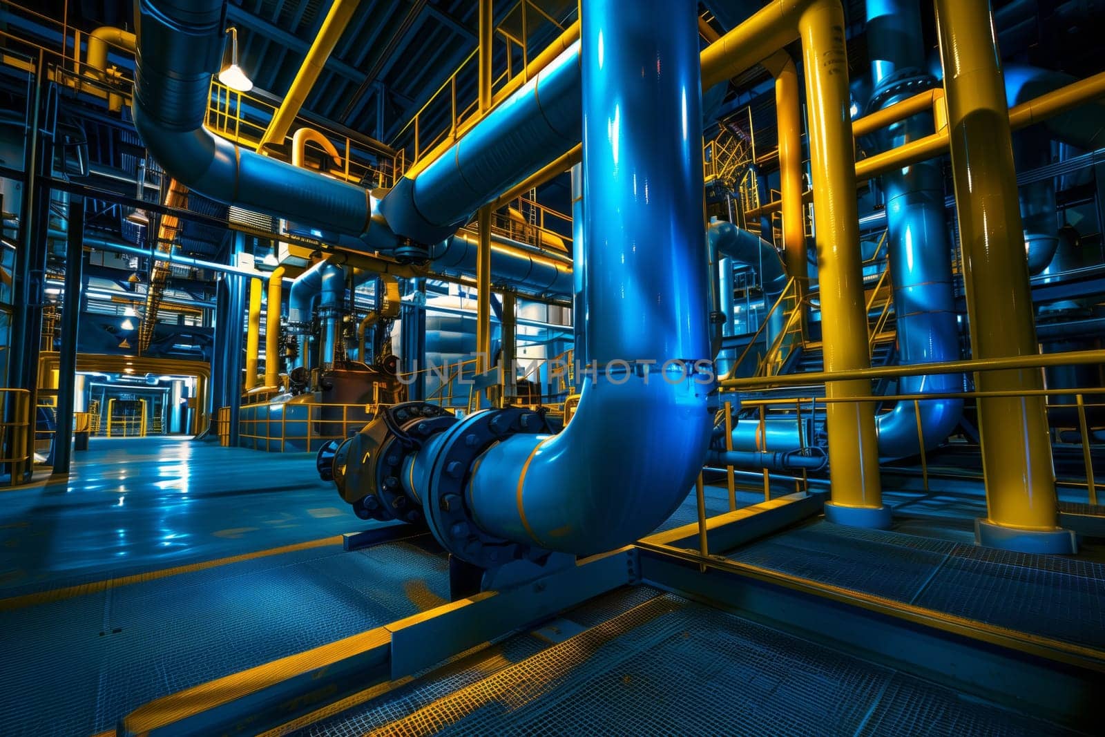 A factory with a network of blue and yellow pipes for water, gas, and electricity. The engineering marvel showcases symmetry and steel casing pipes