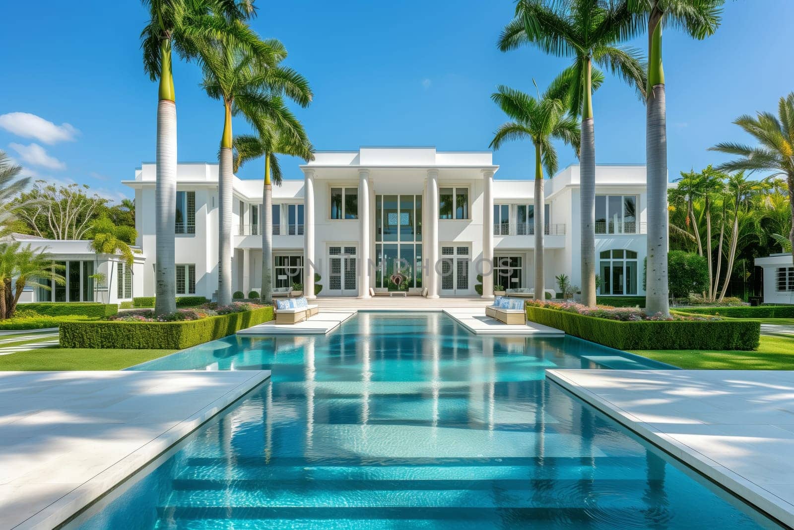 A spacious white house with a swimming pool in front of it, surrounded by palm trees under a clear azure sky with fluffy clouds