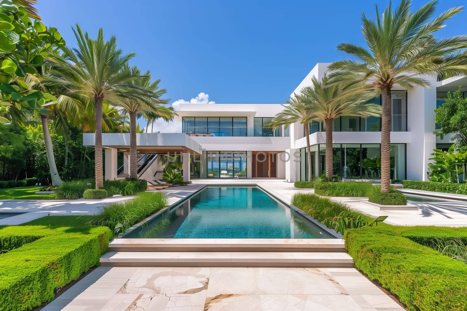 A beautiful white house with a swimming pool in the front surrounded by palm trees, creating a serene oasis against the blue sky