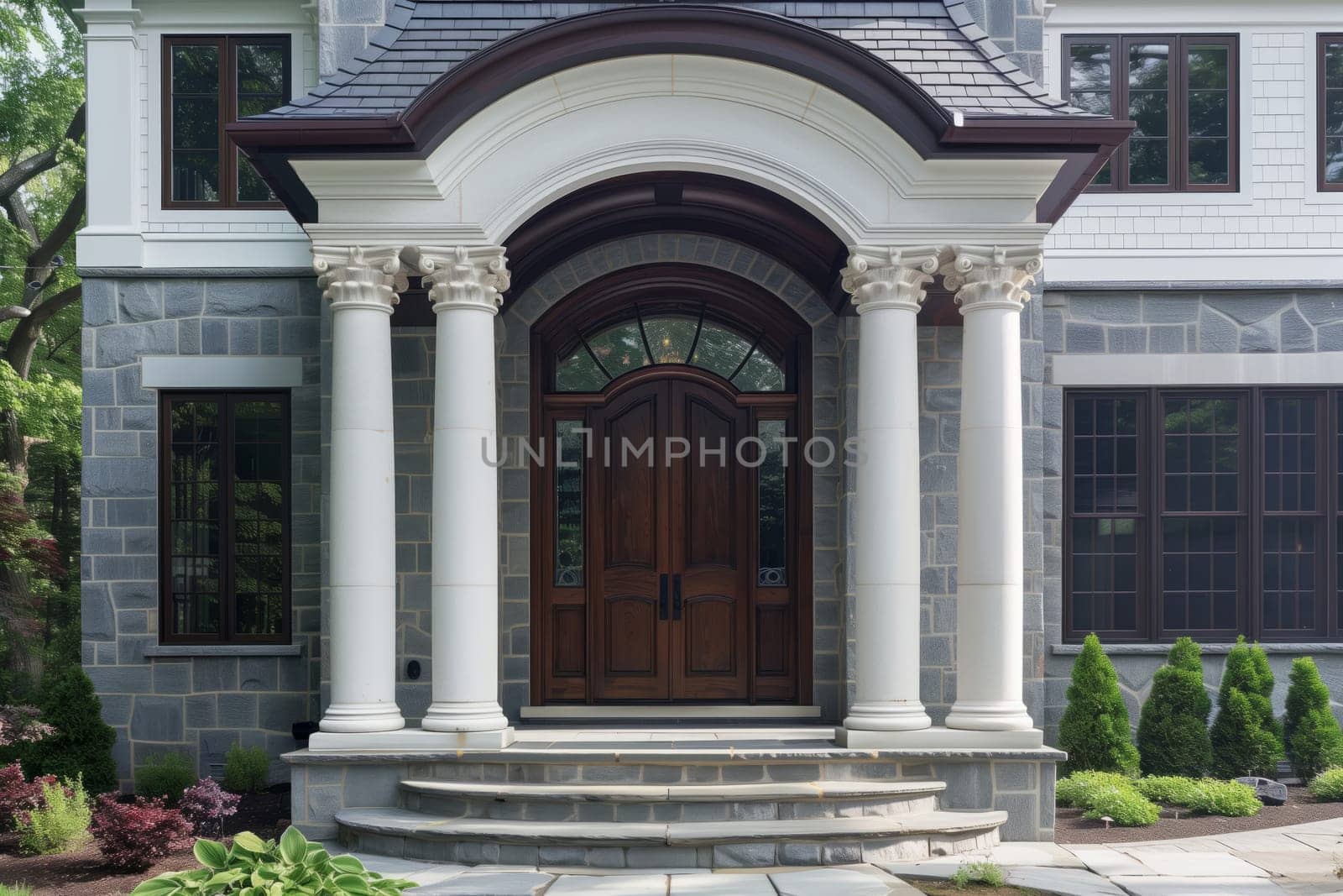 A residential building with a sturdy brick exterior, featuring a welcoming wooden door and columns. Surrounded by a lush green lawn in a quiet real estate neighborhood