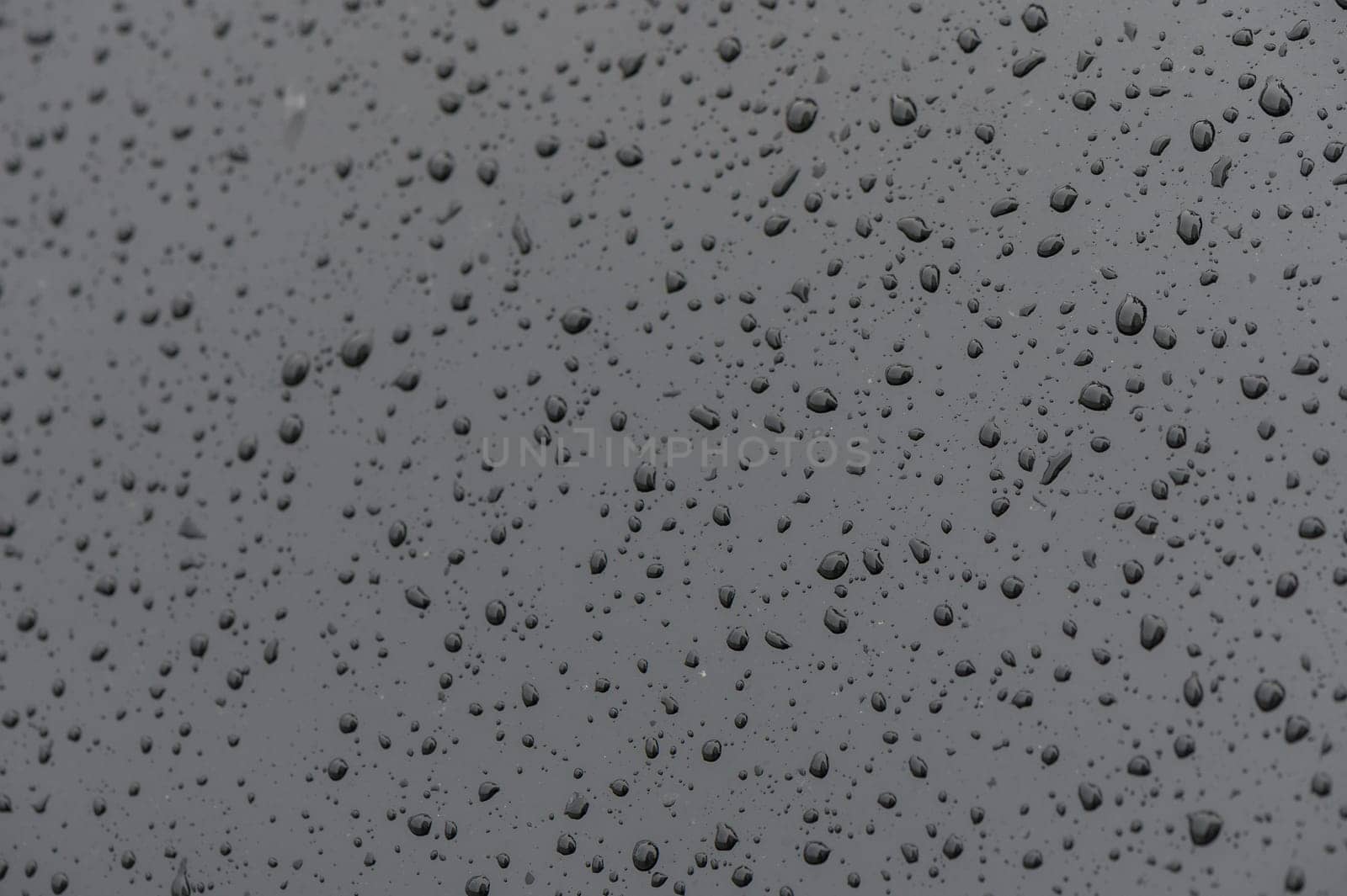 Full frame of the water droplets sliding on a black wet surface.