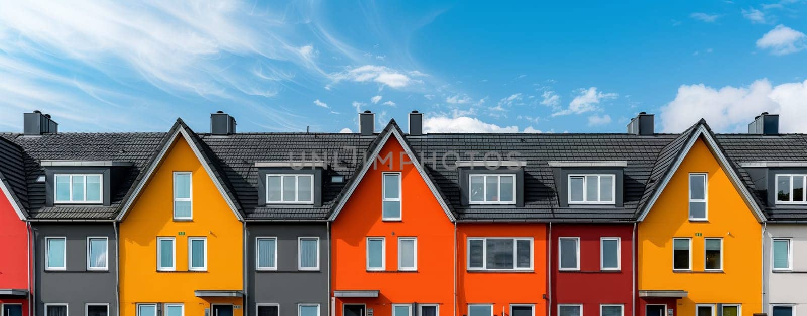 A colorful row of houses with unique facades and roofs against a vibrant blue sky. Each building features colorful fixtures and windows, creating a picturesque scene