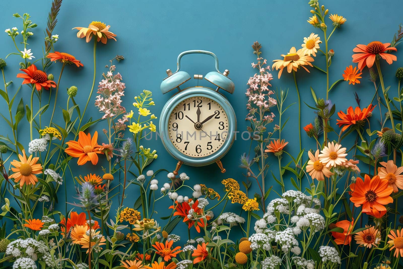 A clock sits among vibrant flowers in a natural environment, surrounded by lush green grass and shrubs. The colorful petals create a beautiful backdrop against the blue sky
