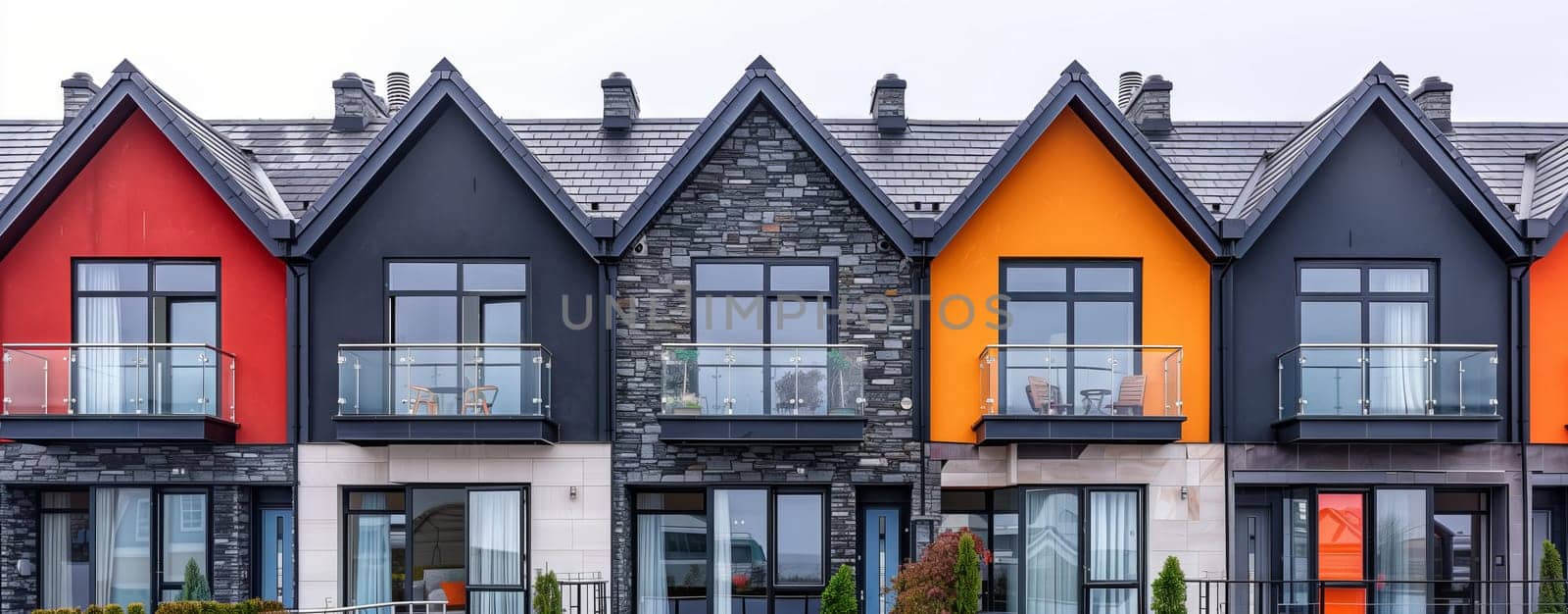 A row of vibrant houses with colorful facades, windows, doors, and roofs stand against the sky, creating a picturesque scene in the real estate market