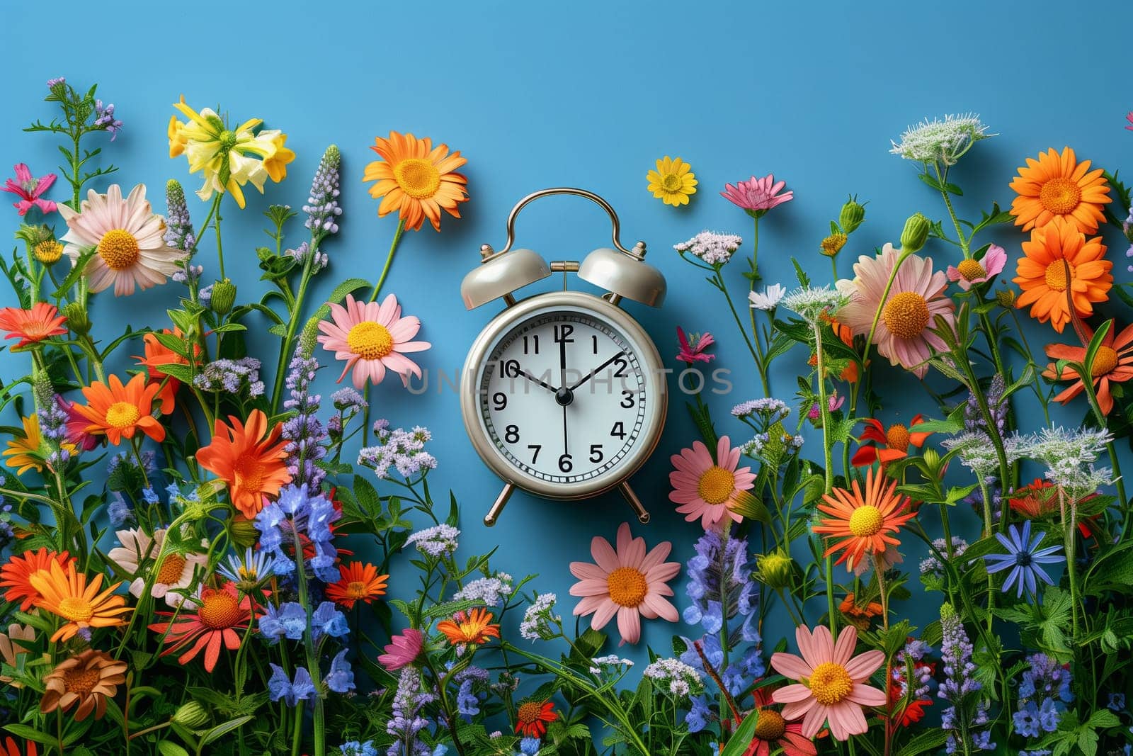 A clock tower is adorned with colorful flowers in a natural landscape, set against a serene blue background, creating a peaceful and picturesque scene