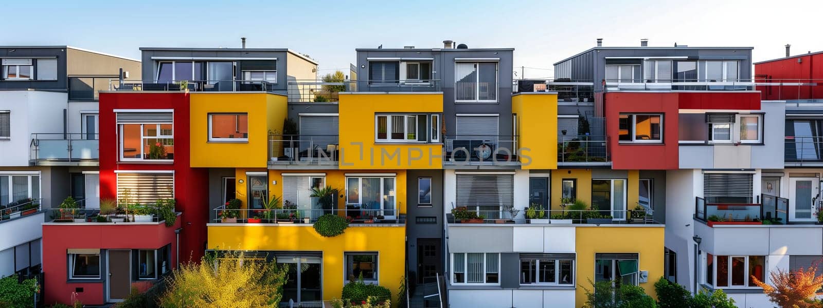 A row of vibrant apartment buildings with unique facades and colorful fixtures, located in a residential area with wellmaintained asphalt roads and beautiful window displays