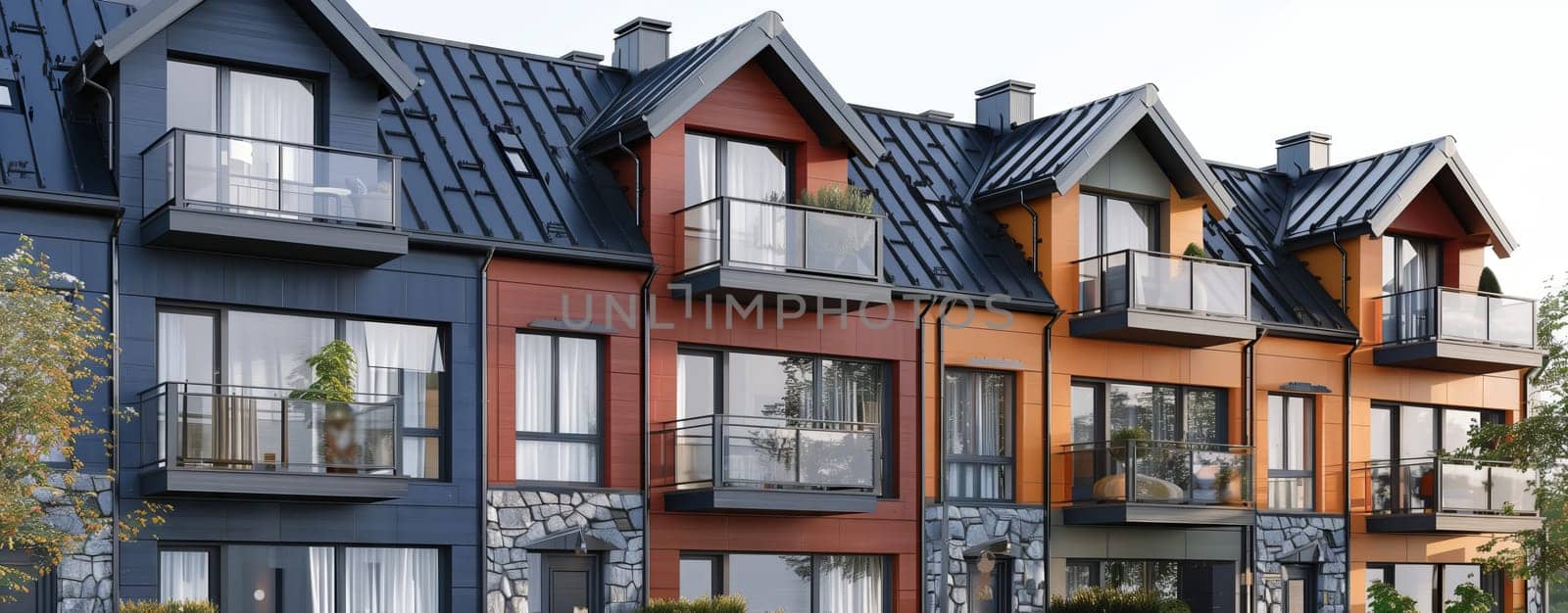 A line of houses featuring balconies, black roofs, and windows. The buildings are made of traditional materials with doors leading to each house