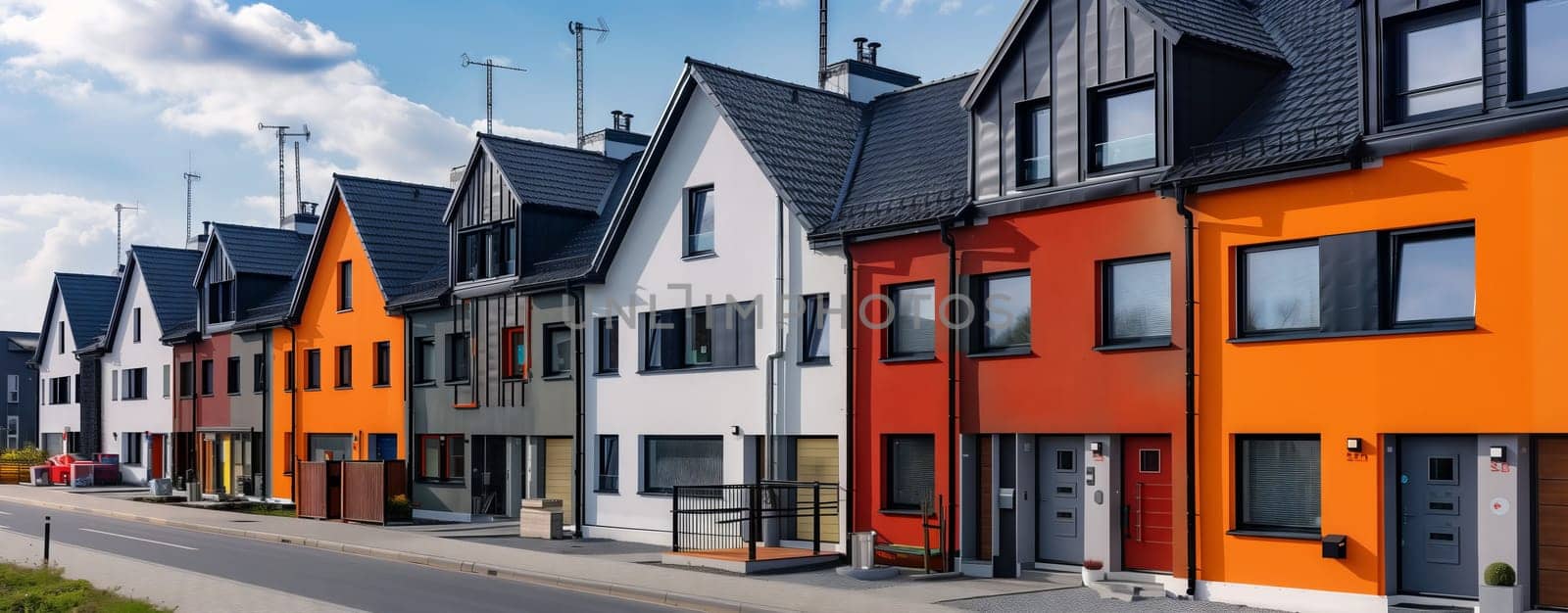 A row of colorful houses with various building materials and facades are lined up on the asphalt street under the cloudy sky, each with unique windows and roofs