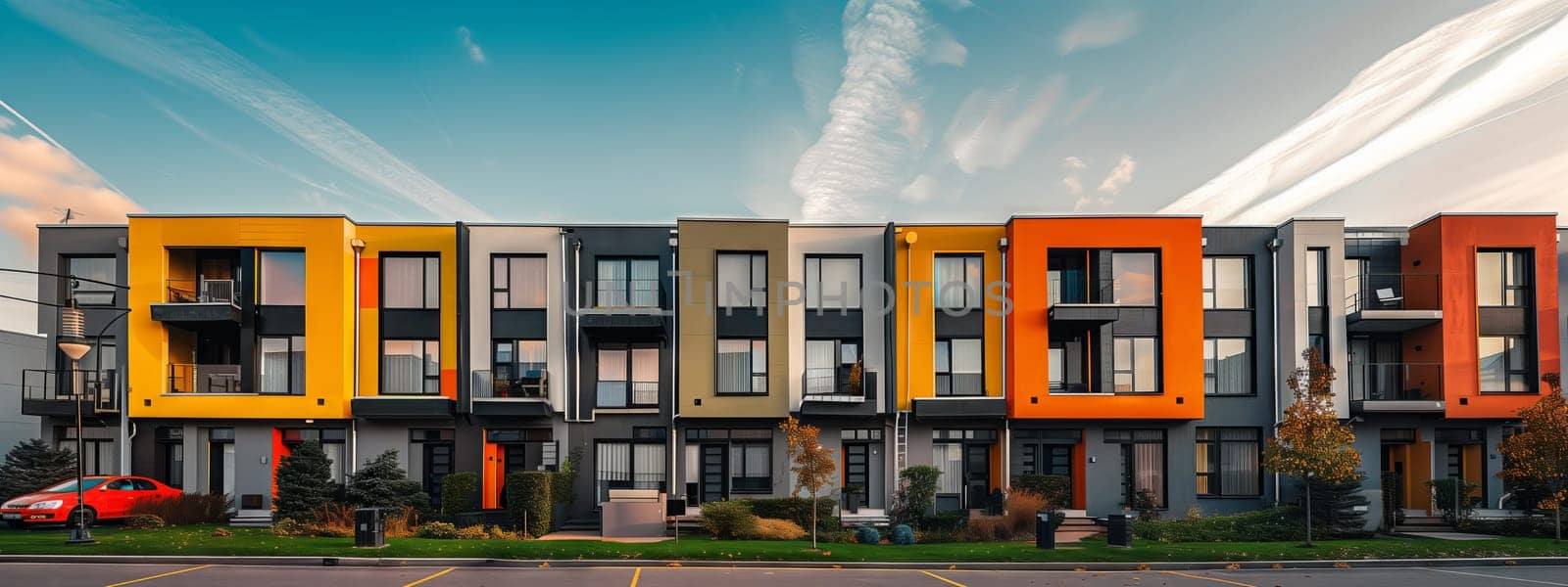 A row of colorful buildings with cars parked in front of them, under a cloudy sky. The asphalt road is lined with grass, showcasing the varied facades and windows of each house in the city