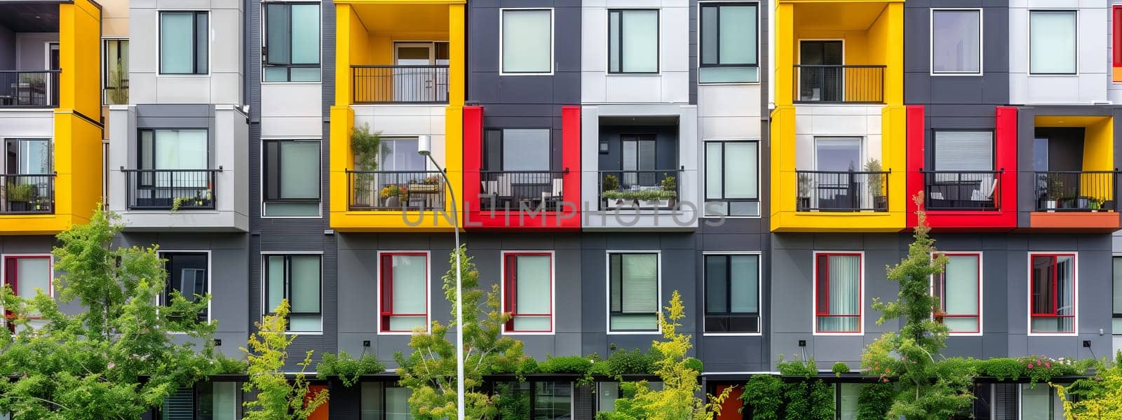 A series of vibrant apartment buildings with balconies, trees lining the facade, and grass in front. The colorful fixtures contrast against the asphalt, creating a picturesque scene
