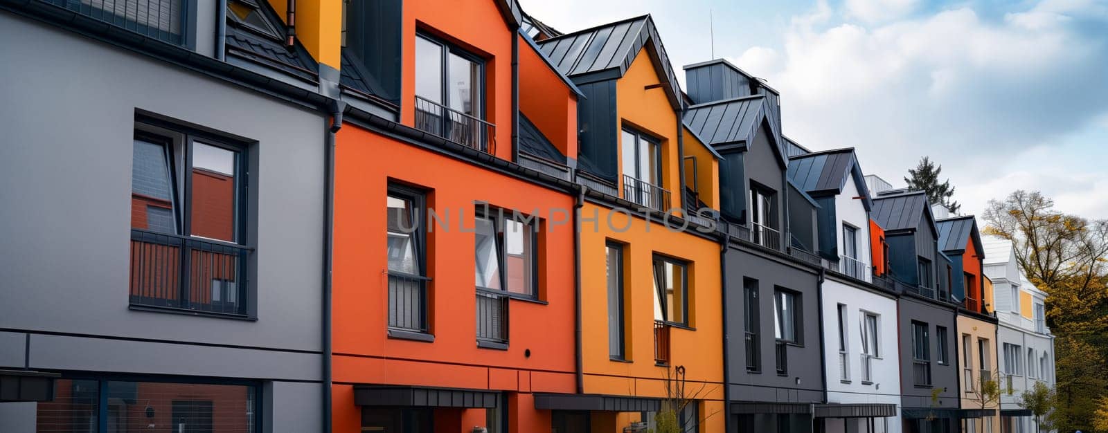 A row of vibrant houses with artistic facades, windows, and roofs against a blue sky backdrop with fluffy clouds. The buildings stand out against the asphalt ground