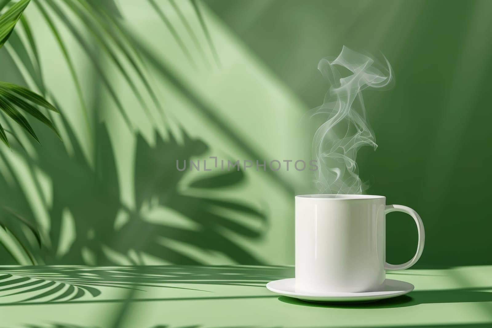 White mockup mug and little smoke with green plant leaves on green background.