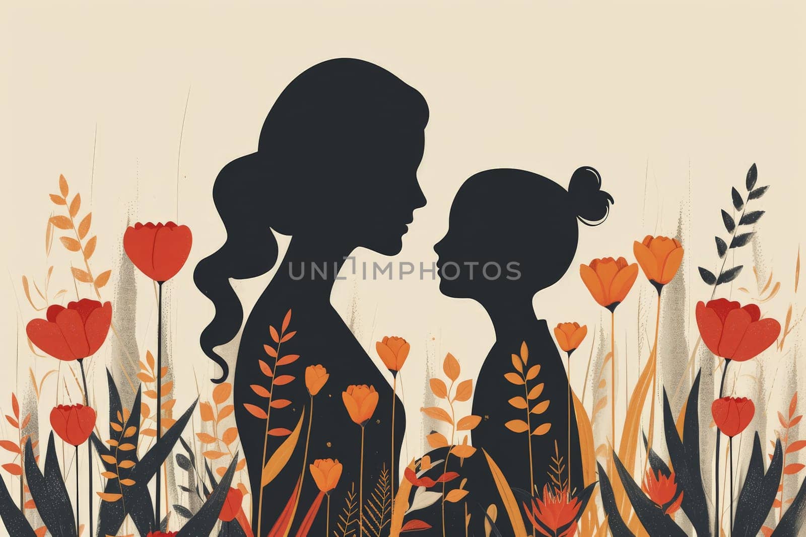 a simple flat illustration of a mother with child with tulip flower, minimalist.