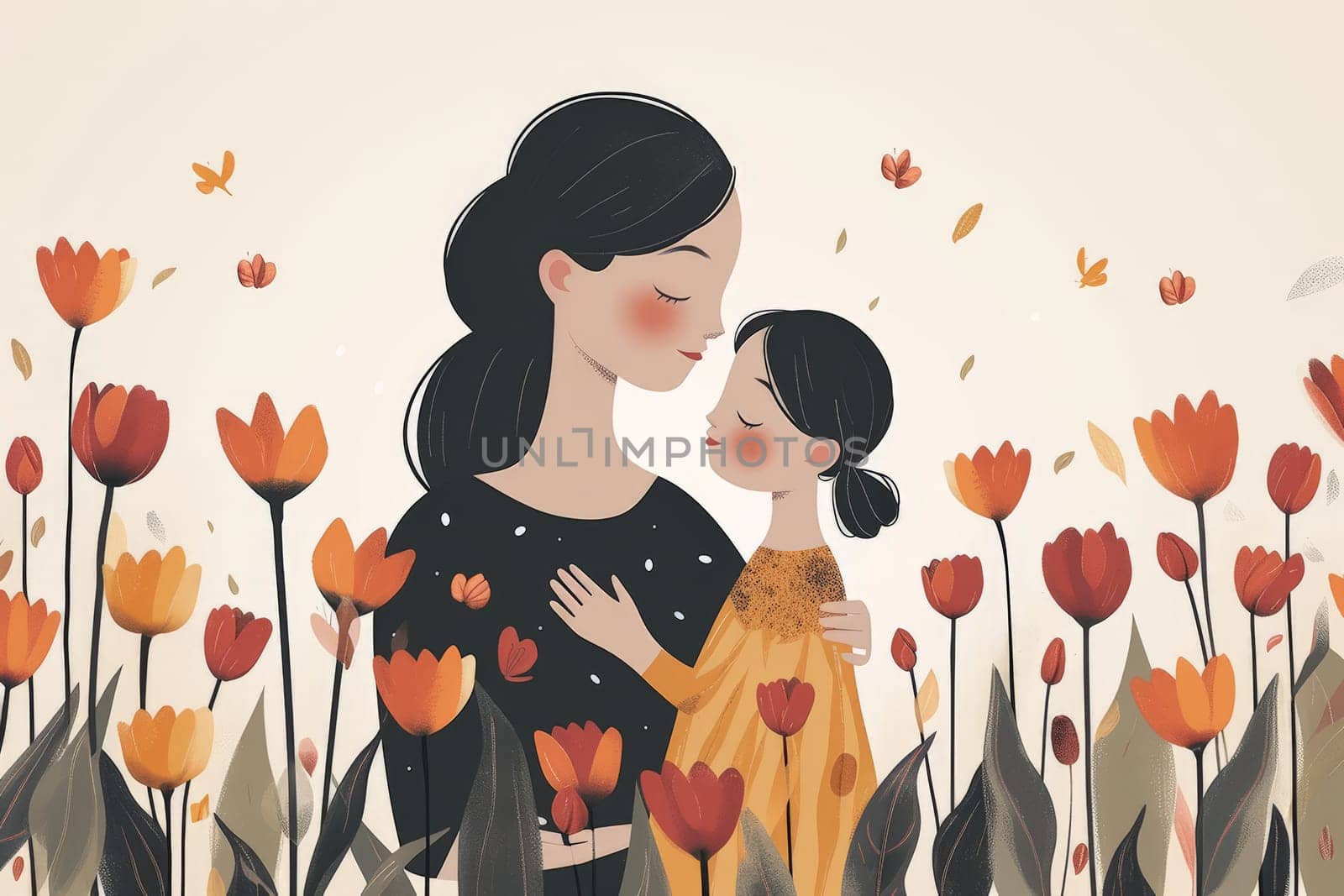 a simple flat illustration of a mother with child with tulip flower, minimalist.