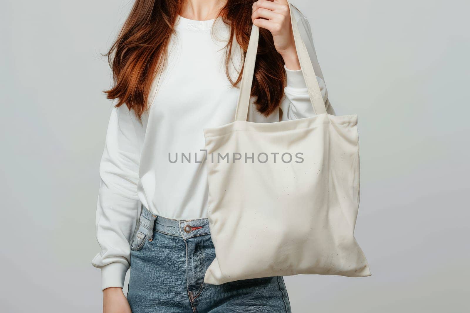 Close up of woman with tote bag mockup on white studio background.