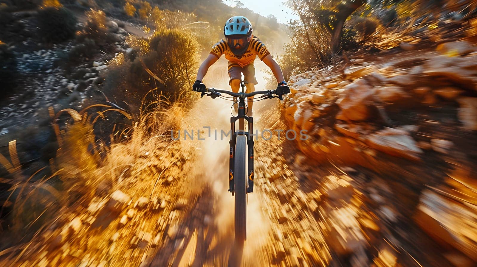 a person is riding a mountain bike down a dirt road by Nadtochiy