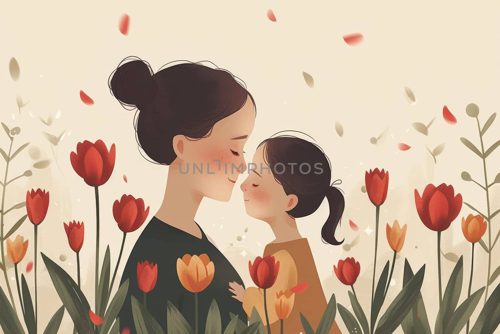 a simple flat illustration of a mother with child with tulip flower, minimalist.