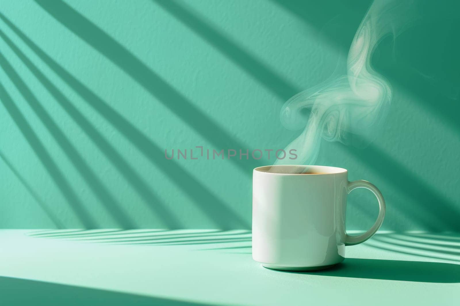 White mockup mug and little smoke with green plant leaves on green background.