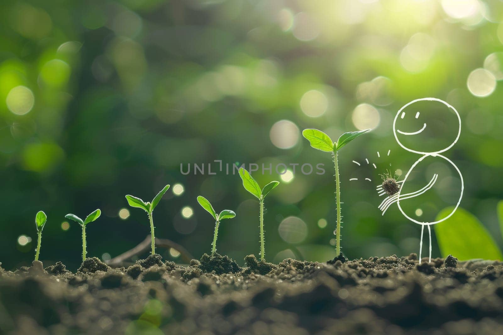 reforestation and afforestation, A white line art figure with a smile on his face is planting plant.