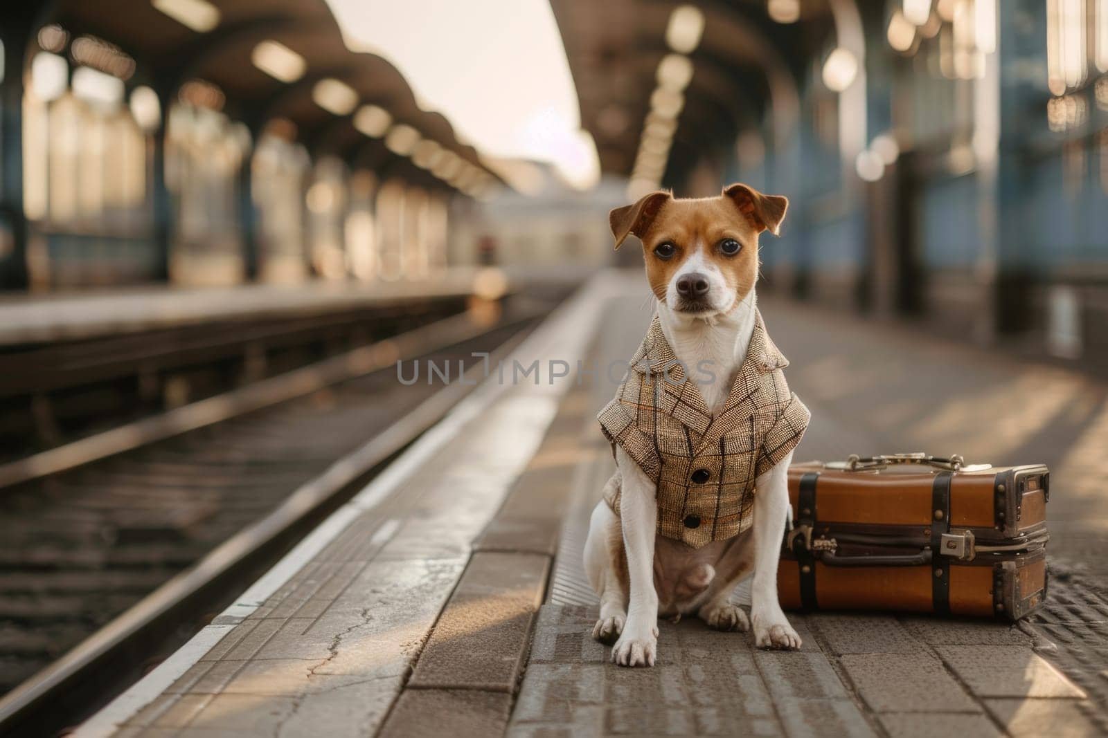 A Dog sits by a suitcase on the platform of the railway station, Traveling with a pet.