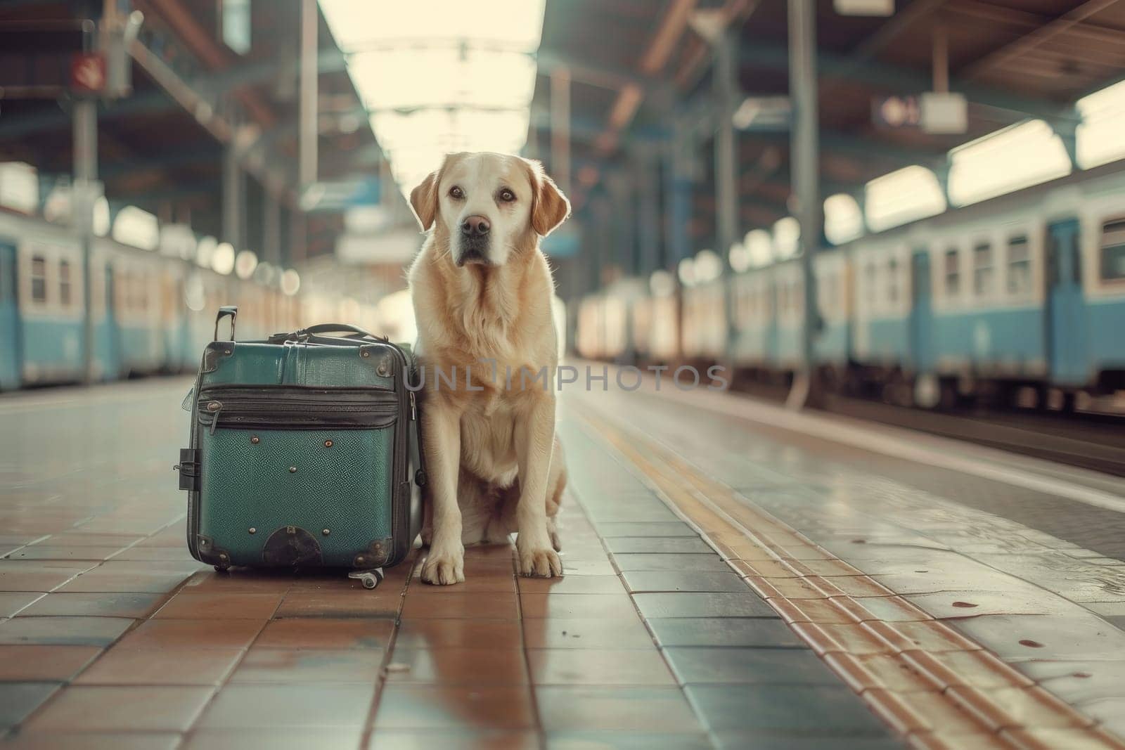 A Dog sits by a suitcase on the platform of the railway station, Traveling with a pet.