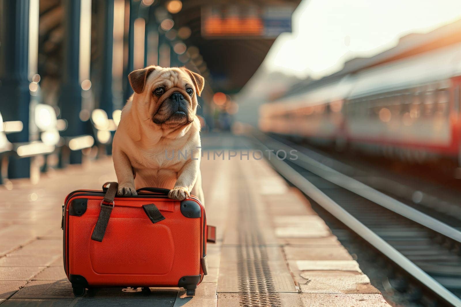 A Dog sits by a suitcase on the platform of the railway station, Traveling with a pet.