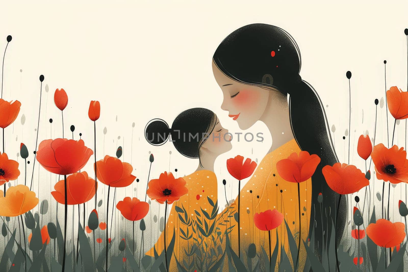 a simple flat illustration of a mother with child with tulip flower, minimalist.