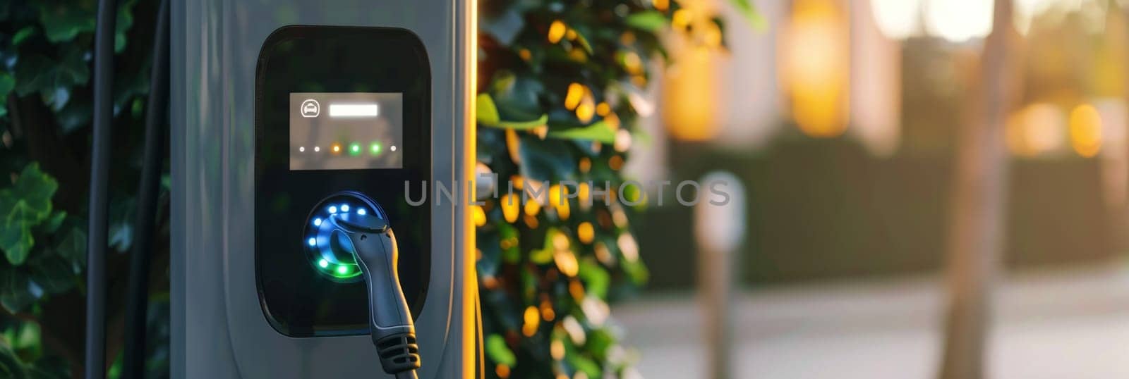 Detailed view of an electric vehicle charging station with a digital display showing environmental impact savings by golfmerrymaker