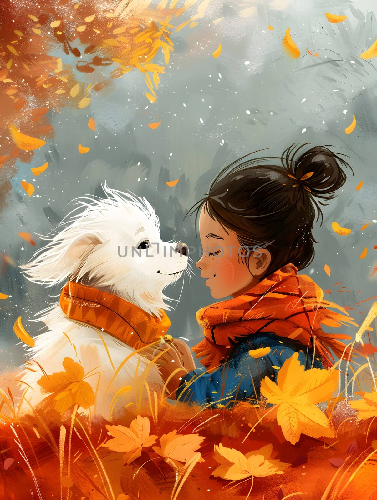Fawn dog playing happily in autumn leaves with little girl by Nadtochiy