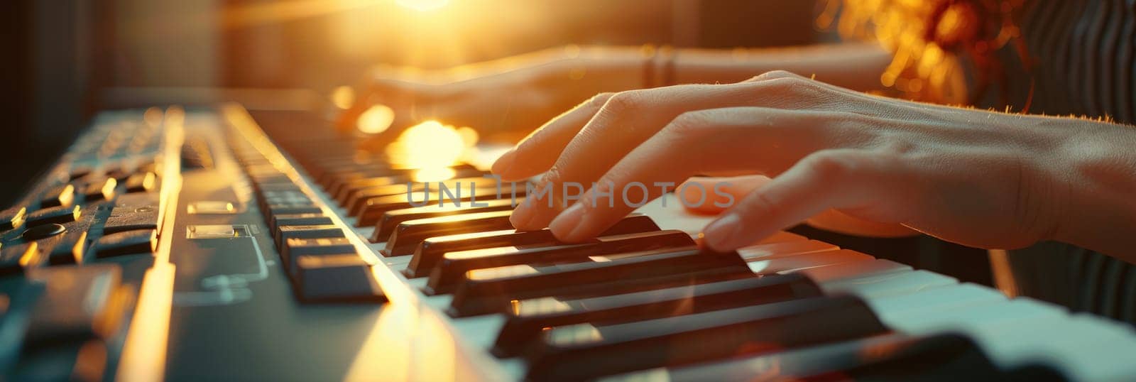 A woman is playing a piano with her hands.