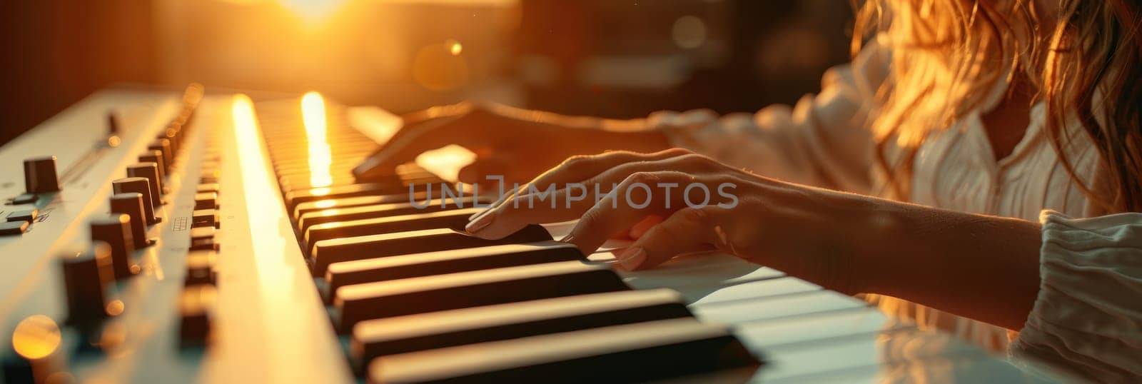 A woman is playing a piano with her hands.
