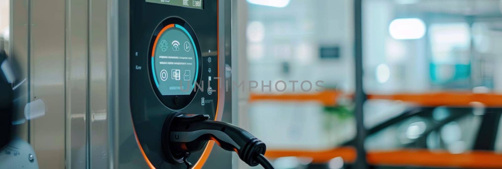Detailed view of an electric vehicle charging station with a digital display showing environmental impact savings.