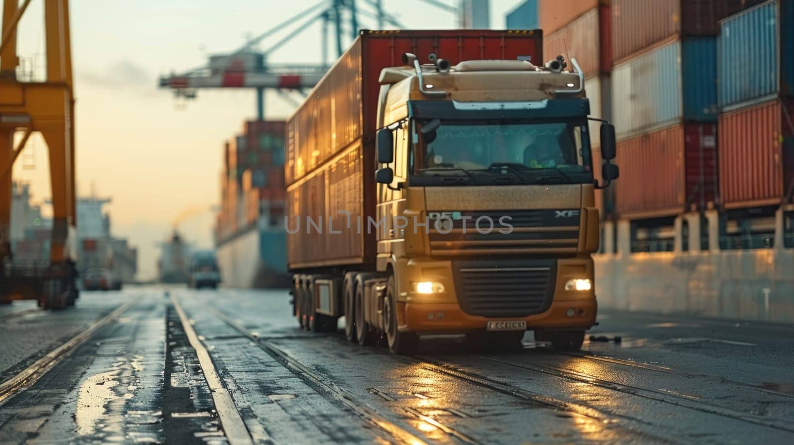 A red semi truck is driving down a wet road in front of a large container yard. by golfmerrymaker