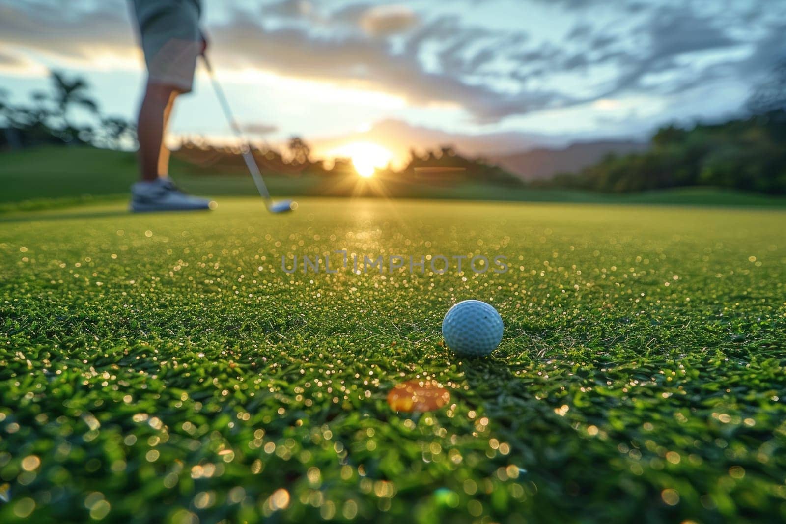 A golf ball is sitting on a green grass field.