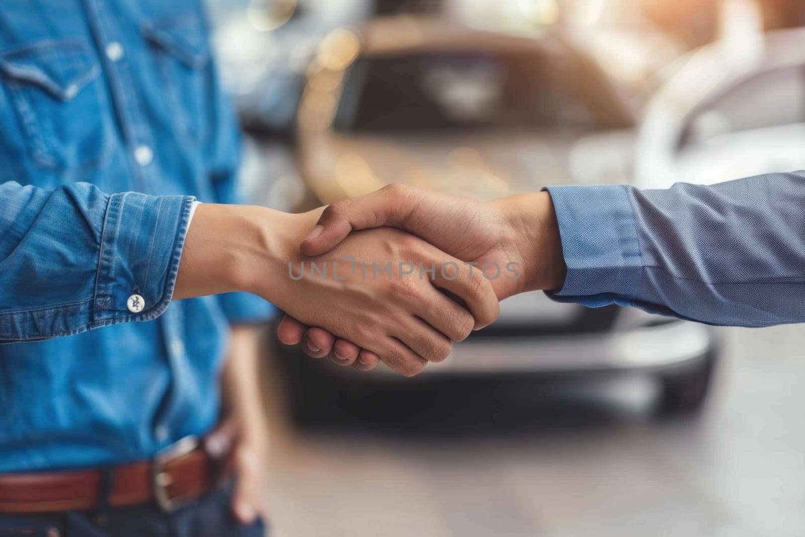 Transportation car rental or sell or buy automotive business concept, shake hands in a car background by golfmerrymaker