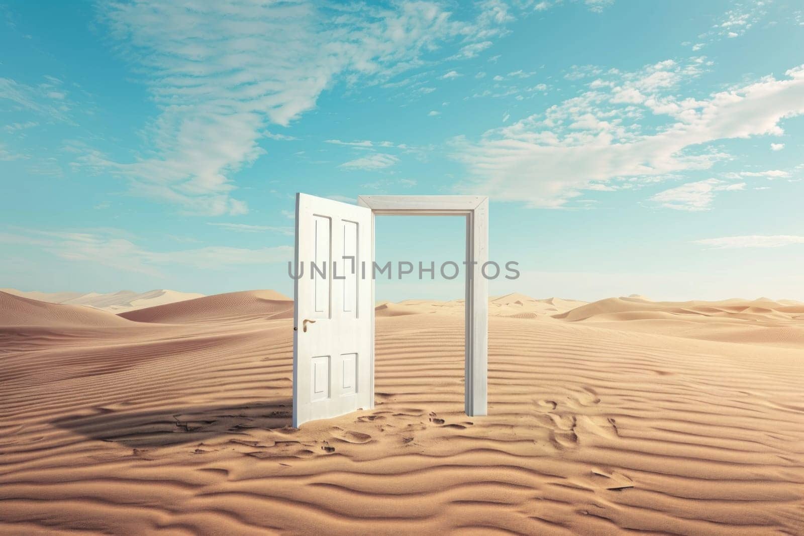 A white door is open in a desert. The door is the only thing visible in the scene