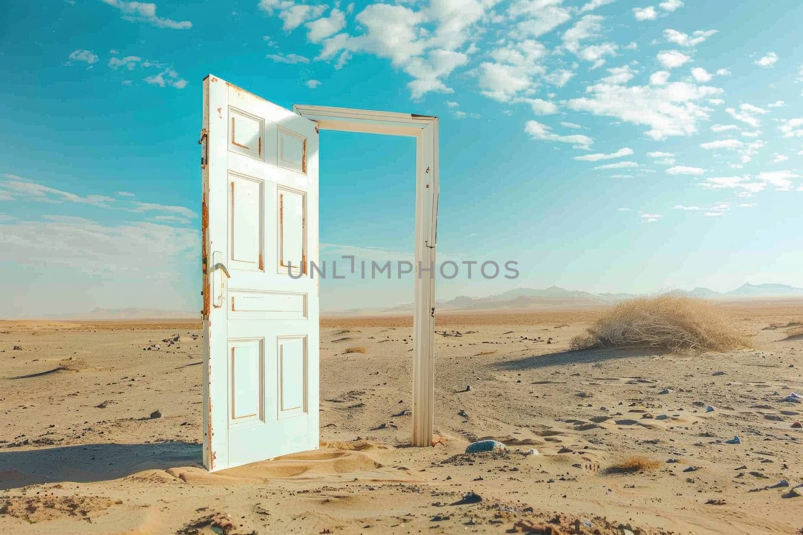 A white door is open in a desert.