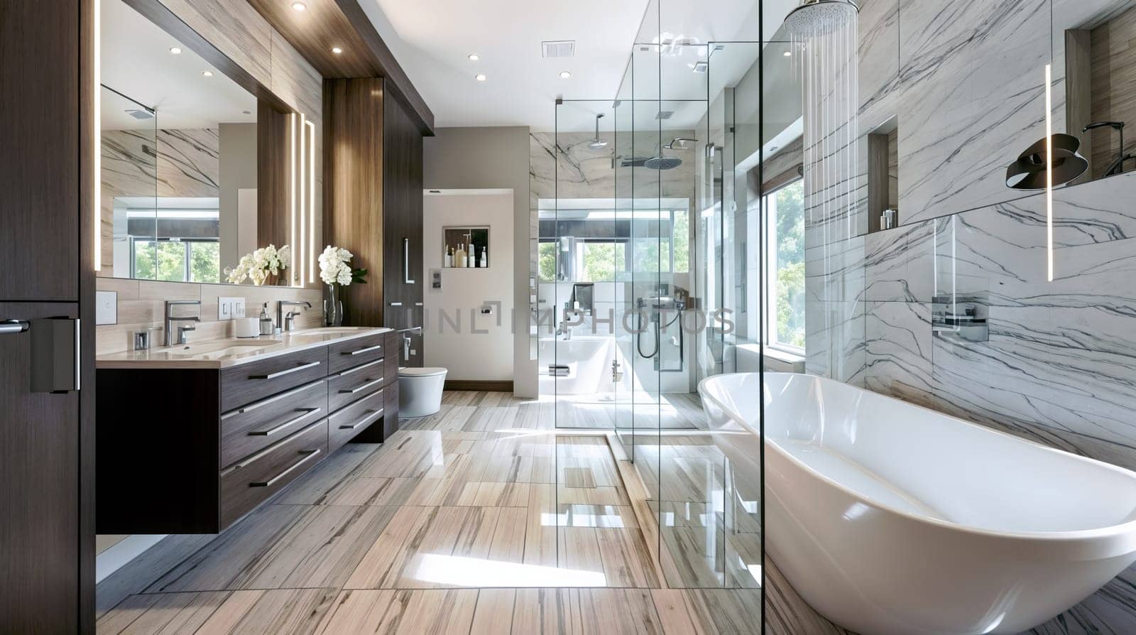 A contemporary bathroom featuring a bathtub, sink, and mirror, providing the essentials for personal care - Generative AI