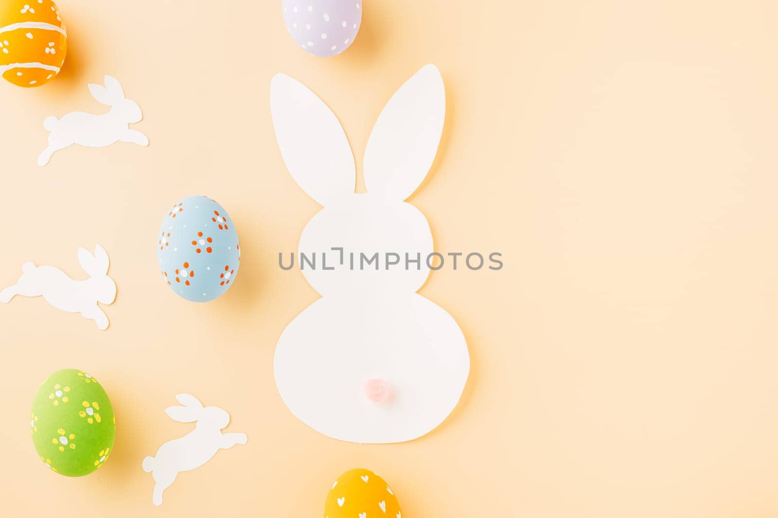 Easter eggs bunny and rabbit white paper cutting isolated on pastel background, Funny decoration, Festive composition banner web design holiday background, Happy Easter Day
