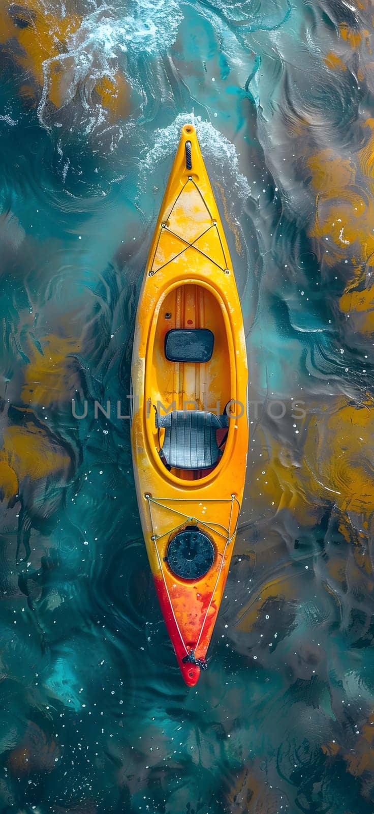 An electric blue kayak floats in the water, contrasting beautifully with the liquid paintlike surface below, creating a serene and artistic view of the watercraft in recreation