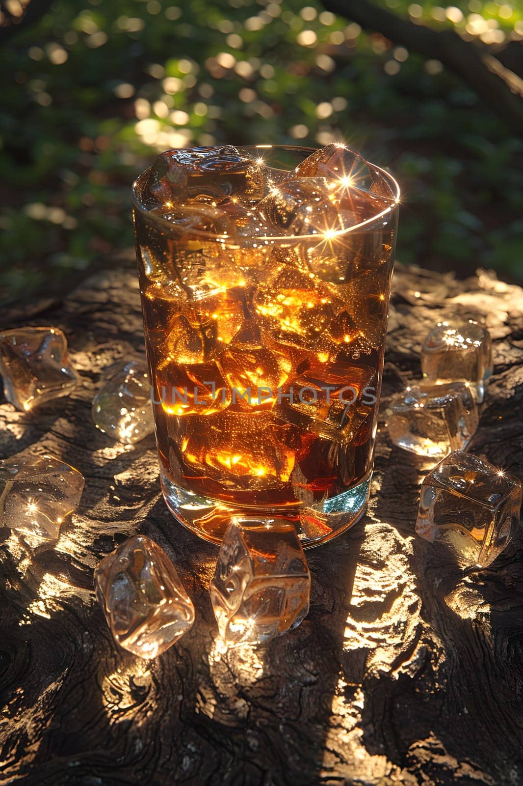 A drink featuring Tennessee whiskey or cognac, such as a Rusty Nail cocktail, served in a glass with ice cubes on a wooden table
